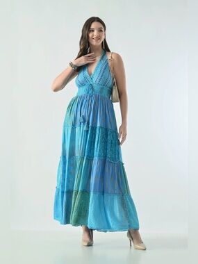 26427 Turquoise Blue Boho Patchwork Halter Tiered Maxi Dress